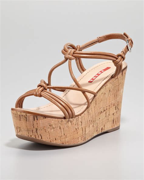 prada cannella|Prada Strappy Knot Cork Wedge Sandal, Cannella.